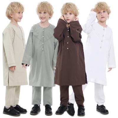 China Kids Abaya Dubai Eid Clothing Polyester Solid Color Polyester Muslim Arab Boy Thobe For Kids Dress Gown for sale