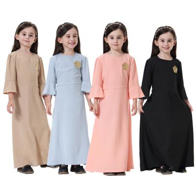 China Polyester Solid Color Long Sheath Muslim Girls Causal Abaya Dresses With Belt Dubai Kids Clothing Muslim Abaya Kaftan Dresses for sale