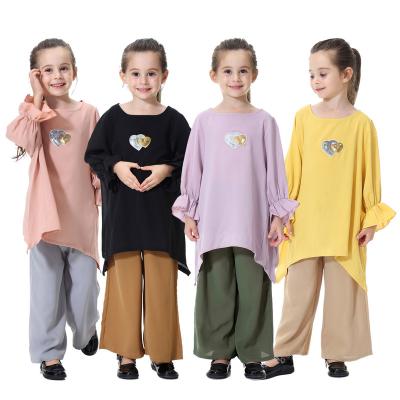 China Autumn Season Long Sleeve Girls Stylish Causal Suit with Pants Muslim Abaya Kaftan Dresses Dubai European Malaysia Kids Clothing for sale