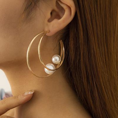 China TRENDY Women's Simple C-Shaped Double Ring Geometric Pearl Earrings Retro for sale