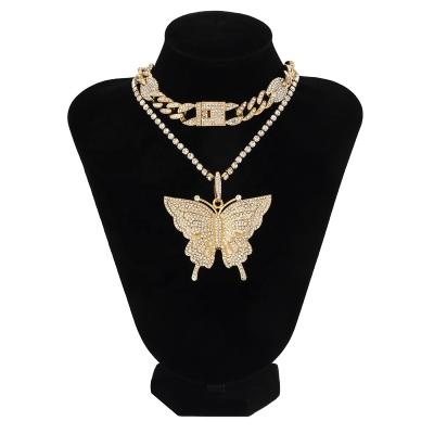 China 2pcs Retro Vintage Women's Diamond-Studded Butterfly Cuban-Cuban Multilayer Necklace for sale