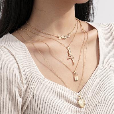 China Vintage Women Simple And Soft Pink Heart Letter Lock Necklace Set Multi-piece Accessory for sale