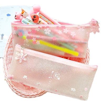 China Waterproof Transparent Pencil Case Pen Bags Popular Sakura Design School Light Pink TPU Zipper Pencil Bag for sale