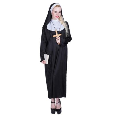 China Wholesale Women's Polyester RTS PLUS Nun Cosplay Costume Long Dress And Hat Halloween Carnival Modest Black Costumes for sale