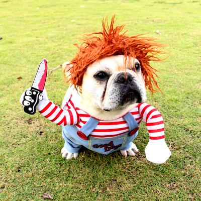 China Hot Selling Amazon Chuckyy Pet Viable Costume Funny Chucky Dog Clothes Chuckyy Doll Holding A Knife Halloween Dog Costume for sale