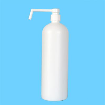 China Hot 1000ml Household Products PET Round Shape Hand Soap White Flat Plastic Bottle With Long Neck Mist Sprayer For Sanitizers for sale