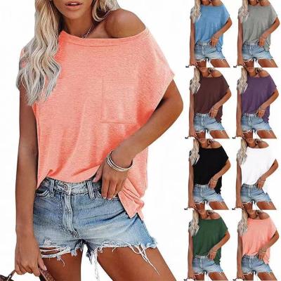 China New Style Solid Color Summer Pocket Round Neck Strapless QUICK DRY Short Sleeve Drop Shoulder T-shirts for sale