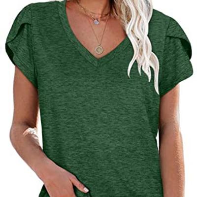 China New Summer Fashion Solid Color Petal Petal V-Neck Casual QUICK DRY Short Sleeve Women's T-Shirts for sale