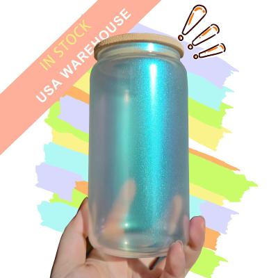 China Glass Can USA STORE Iridescent Rainbow 16oz Sublimation Beer Can Shaped Glass With Bamboo Lid And Straw for sale