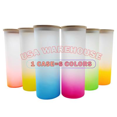 China USA Stocked 25oz Colored Gradient Frosted Straight Sublimation Glass Tumbler With Bamboo Lids And Plastic Straw for sale