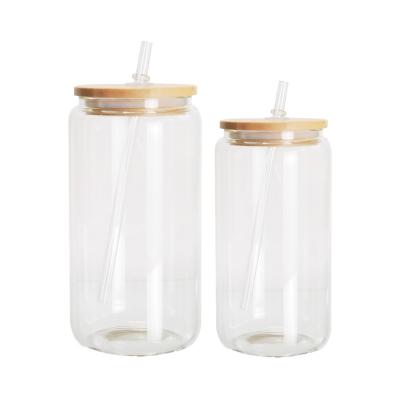 China Viable Free Shipping Clear Beer Juice Soda Shaped Sublimation High Temperature Resistance Glass Can With Bamboo Lid And BPA Straws for sale