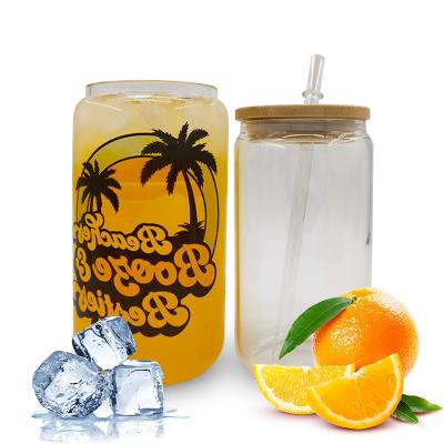 China Glass Cans Amazon Best Seller 12oz 16oz Stocked Mugs Mugs Clear Soda Shaped Beer Glass Can Bottle With Straw And Bamboo Lid for sale