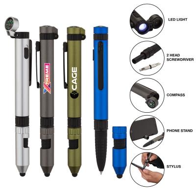 China Promotional pen T2509 6 in 1 multi-functional plastic pens with LED light screwdriver compass phone holder and stylus for promotion for sale