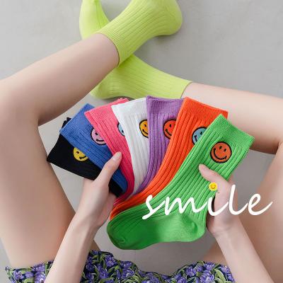 China High Quality QUICK DRY REMOVAL Fashion Cotton Sports Crew Socks Smiley Embroidery Design Funny Cute Women Socks for sale