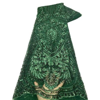 China 2022 Latest HFX Viable Green Sequins Polyester Lace Fabric African Tulle Lace Embroidery With Beads For Dress Dress for sale