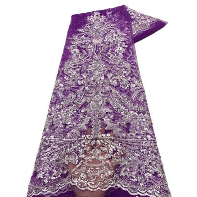 China Latest Viable HFX Purple Sequins Tulle Lace Embroidery With Beads African Lace Fabric 2022 Nigerian Lace For Dress Dress for sale