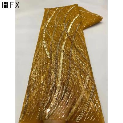 China Latest Viable HFX Nigerian Tulle Lace African Lace Fabric Sequins Embroidery 2022 With Beads For Wedding Dress for sale