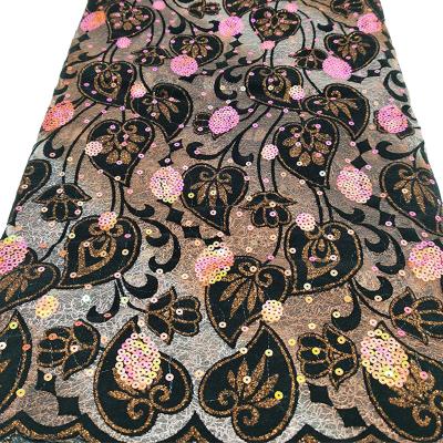 China Sustainable HFX New Arrival African Ghana Sequin Brocade 5 Yards Multi Color Polyester Mesh Lace Fabric For Women for sale