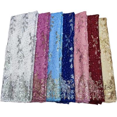 China Fashionable Design HFX Gorgeous Handmade Beaded Sequin 5 Yards Silver Polyester Mesh Tulle Lace Fabric For Fashion Show for sale