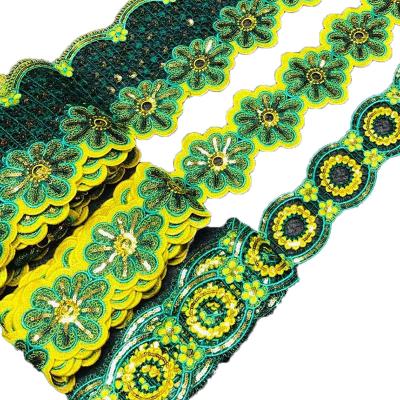 China Wholesale Custom Embroidered SEQUINS HFX Viable 15 Yards African French Trim Water Soluble Lace For Sewing for sale