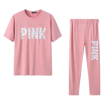 China 2021Pink Anti-Wrinkle Letter Print Sweatsuit Women Set Plus Size Short Sleeve Tops Casual 2 Piece Set Skinny Two Piece Autumn Panty Tracksuit for sale