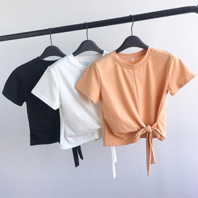 China Anti-Wrinkle 2021 Summer Women's Fashion Short Sleeve T-shirt New Slim-fitting Blouse Short Length Lace Up Camiseta Algodon Mujer for sale