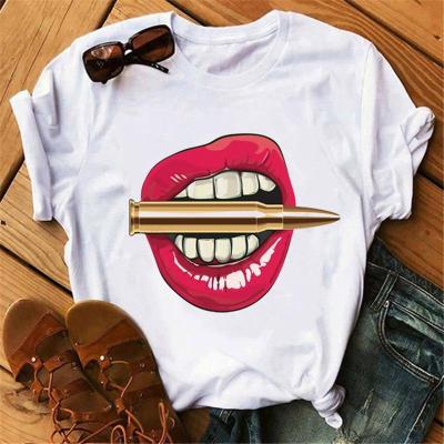 China New Summer Anti-wrinkle Female Tops Stitch Lip Kiss Women T Shirts for sale