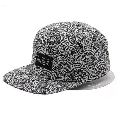 China breathable & Raincoat Custom Design Woven Label Paisley Pattern 5 Panel Camp Hat for sale