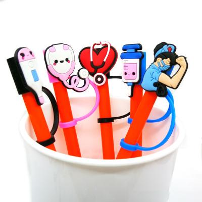 China 6-8MM mmold cartoon silicone pill viable nurse shape reusable drinking straw dust topper for sale