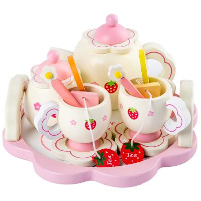 China Preschool Children Play Set Wholesale Simulation Cardboard Wooden Afternoon Tea Set Toy Garden Strawberry Children Wood Toy Tea Set for sale