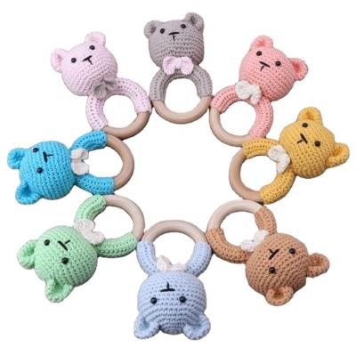 China Baby Toy Wooden Teether Soft Toys for Little Bears Wooden Teether Ring Crochet Rainbow Baby Teether for sale