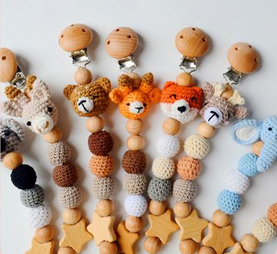 China New-fashion INS handmade baby crocheted pacifier clip wood beads dummy pacifier clips cute animals shape for sale