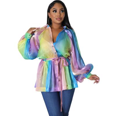 China 2023 new anti-pilling women's color draw blouses and shirts 2023 foreign trade progressive wholesale women's tops sexy mid length dress shirt for sale