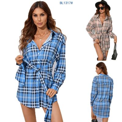 China 2023 New Women's Anti-pilling Fashion Plaid Print Shirt Lace-up Female Dress Tops for sale