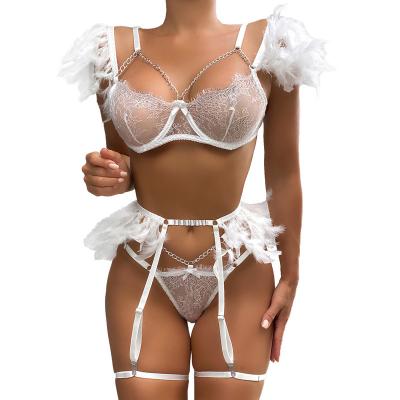 China Eyelash Chain Sexy Lingerie Lace Underwear Feather Polyester Fashion Lace Three-Piece Set for sale