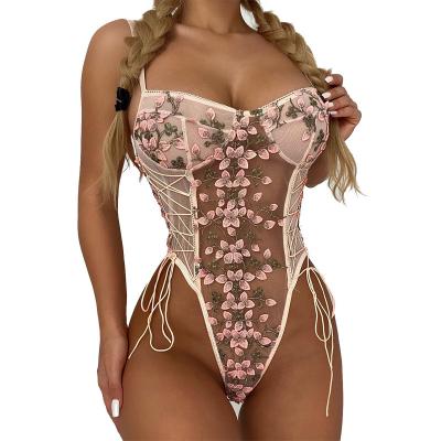 China Hot-selling flower embroidery lace polyester underwear perspective temptation onesie lace-up sexy lingerie for sale