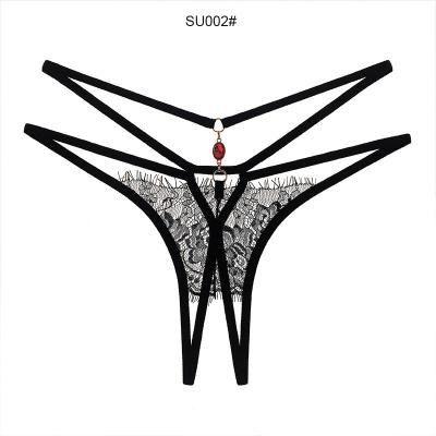 China Antibacterial women's sexy eyelashes thong lace up low waist underwear confusion sex style transparent crotch panties drill open sexy decoration for sale