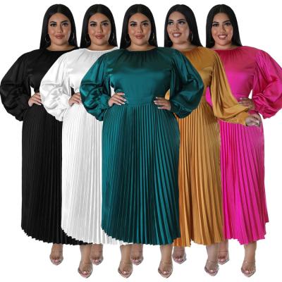 China Large Size European And Satin Women'S Long Sleeve Pleated Long Style Dress Long Sleeves for sale