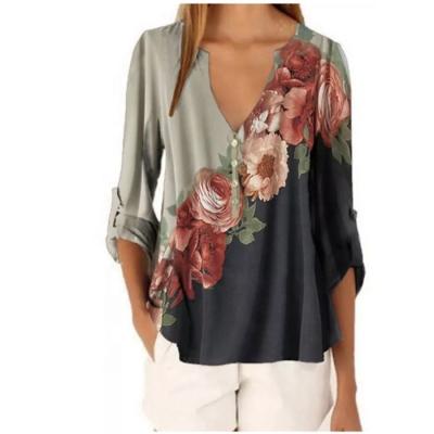 China Women's Fashion Ladies Casual Blouse Flower Print High Quality Elegant Anti-Shrink Deep V Big Size Shirt for sale