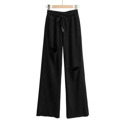 China Anti-wrinkle twill hole wide-leg pants women's summer high-waist straight-leg loose casual pants for sale