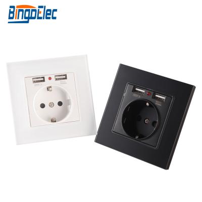 China Bingoelec EU Power Outlet Germany Residential / General Purpose Standard Electrical Wall Socket With 2.1A USB Panel Glass Wall Socket for sale