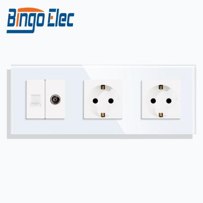 China Crystal Glass Bingoelec Triple Wall Tempered Socket With TV Internet Outlet EU Standard Germany Wall Socket 110V-240V 228mm for sale