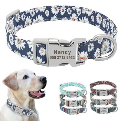 China Personalized Custom Nylon Floral Engraved Dog Collar Pet Puppy Collar Print Personalized Name Collars For Small Medium Large Dogs Mine Bull for sale