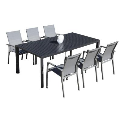 China Modern Outdoor Furniture All Modern Aluminum Slat Top Dining Table Set With 6 Piece Dining Armchair for sale