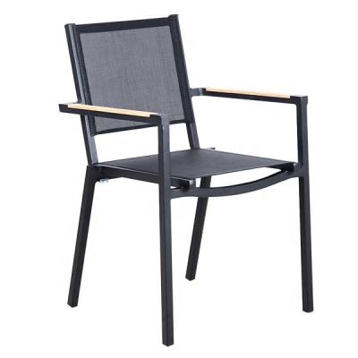 China Touch Grade Lightweight Aluminum Sling Outdoor Dining Chair With Teak Arms For Business And Hospitality Accounts Wholesales for sale