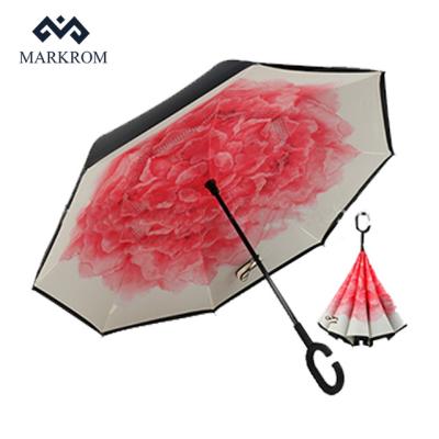 China 2022 Popular Minimalist Reverse Inverted Rain Windproof Umbrella With Pattern Printing for sale