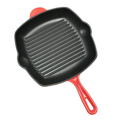 China Sustainable Custom Outdoor Camping Square Grill Grill Steak Pan With Enamel Cast Iron Handle for sale