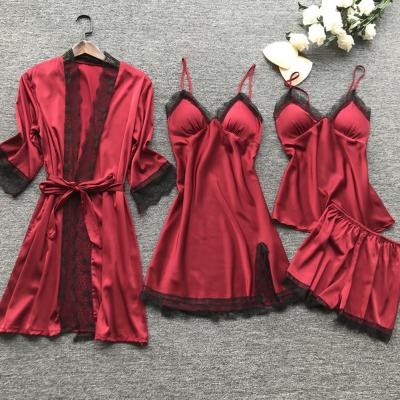 China 4pcs Womens QUICK DRY Silk Satin, Pajamas Set With Contrast Color Lace Up Sleepwear For Ladies for sale