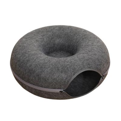 China Breathable Round Donut Pet Bed Big Cute Custom Luxury Color Felt All Season Zipper Pet Tunnel Bed House Nest For Dog Cat for sale