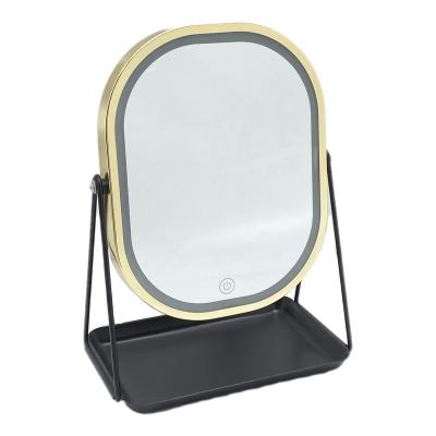 China Hot Selling 360 Tray For Storing Makeup Mirror LED Lighted Three-tone Alloy Metal Desktop Non-slip Rotating Non-slip Mirror With Light for sale